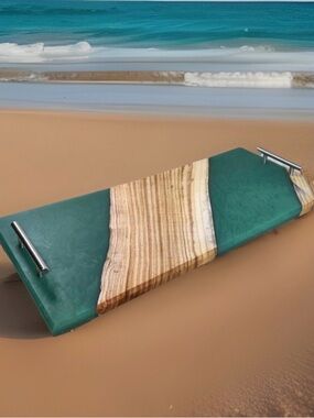 Pine Needle Wood Co Emerald Green Resin Wood Serving Tray with Handles 24x11